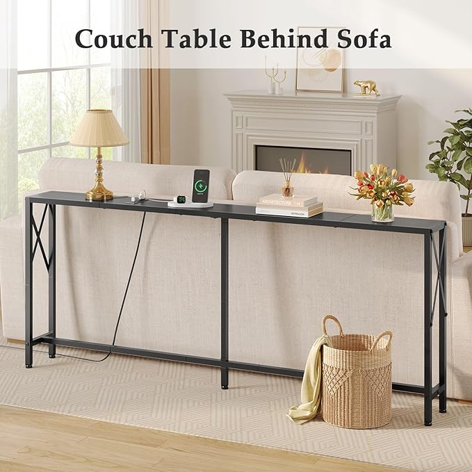 Console Table Narrow Long, Behind Couch Table with Oulets & USB Ports, Industrial Long Skinny Stand for Entryway,Hallway, Living Room, Bedroom Black, 7.9" D x 70" W x 24.8" H