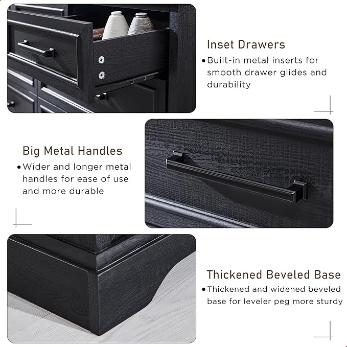 7 Drawer Dresser, Farmhouse Chest of Drawers for Bedroom, 52" Wide Dresser TV Stand with Large Metal Handles, Wood Drawer Organizer for Living Room, Hallway - Black