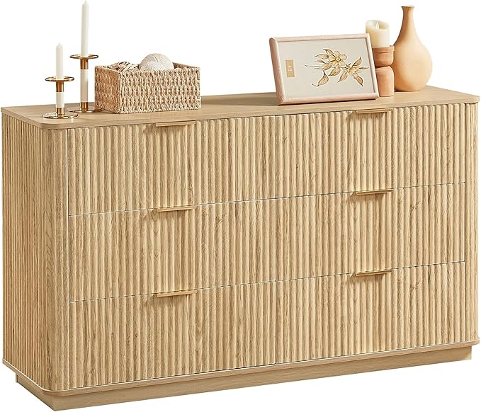 VMU Fluted Dresser for Bedroom with 6 Drawers，55" Modern Wooden Chest of Drawers with Metal Handles, TV Stand with Curved Profile, Closet Clothes Storage Organizer for Living Room, Hallway (Oak)