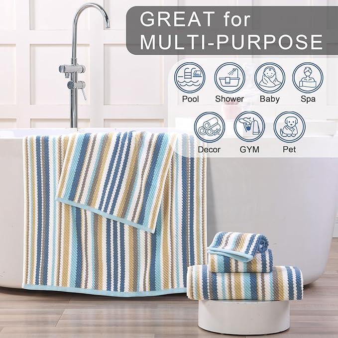 VOOVA & MOVAS Striped Towels Set, 6PC Bathroom Towels - 100% Cotton | Quick Dry | Soft | Absorbent, 13"x13" Wash Cloth, Luxury Towel Set for Guest, Blue+Gray+Beige Stripe