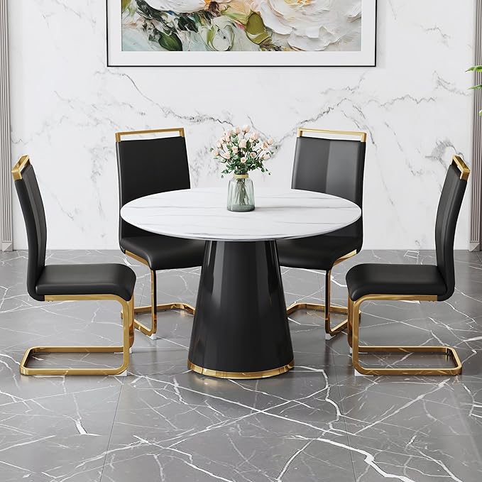 45 Inch Round Dining Table Set for 4, 5 Piece Kitchen Table and Chairs Set, White Faux Marble Table Top, Small Space Dining Set for Apartment or Dining Room