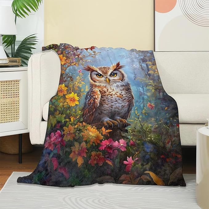 Owl & Floral Blanket, Soft Cozy Warm Throw Blanket Gifts for Adults Kids Women, Lightweight Comfy Fuzzy Flannel Blankets for Couch, Travel, Car, Home Decor 50×40 Inch