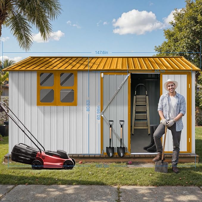 12 x 10 FT Outdoor Storage Shed with Floor, Metal Garden Tool Shed with Vents,Windows,Slooping Roof and Lockable Doors, All-Weather Bike Shed Easy to Assemble for Backyard, Patio, Lawn, White