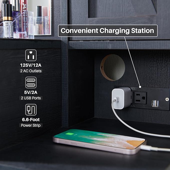 JXQTLINGMU Farmhouse Vanity Makeup Desk with Charging Station, 43" W Vanity Desk with Lights Mirror and Drawers for Makeup, Big Modern Makeup Table Set with Stool for Bedroom, Black