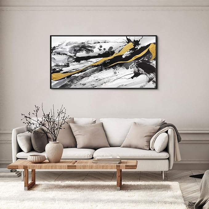 XLSJERST Black and White Abstract Wall Art - Large Frame Canvas Wall Art for Living Room Bedroom Modern Gold Ink Painting Style Picture Artwork for Wall Decor Size 20x40 Inches