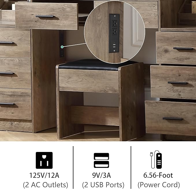 Extra Large Vanity with Folding Up Mirror and Lights,58.3'' Makeup Vanity Desk with Mirror and Lights,Outlet, Chair and Two Makeup Organizers,Dressing Table for Bedroom,Grey