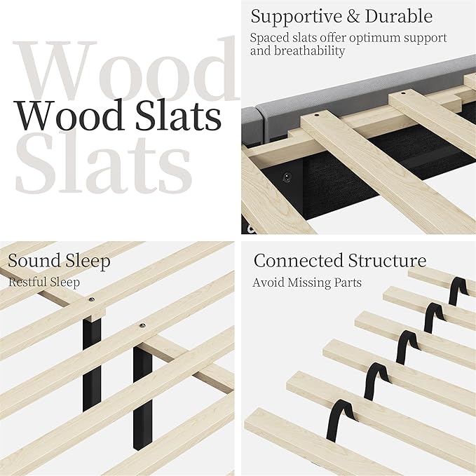 Yaheetech Queen Bed Frame Upholstered Platform Bed with Wing Side/Wooden Slat Support/Tufted Headboard with Wing Side/Mattress Foundation/No Box Spring Needed,Light Grey Queen Bed