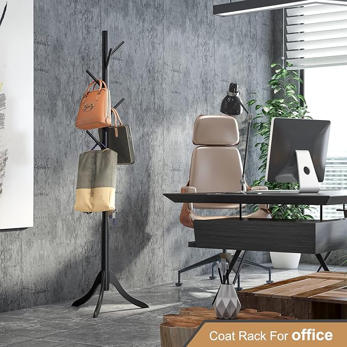 Coat Rack Freestanding, Coat Stands Entryway, Bamboo Coat Rack Hat Hanger 8 Hook for Jacket, Purse, Scarf Rack, Umbrella Tree Stand (Black)