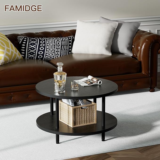 Round Coffee Table, 23.6" Circle Coffee Table for Living Room, 2-Tier Wood Accent Center Table with Open Storage Industrial Design Home Furniture, Black