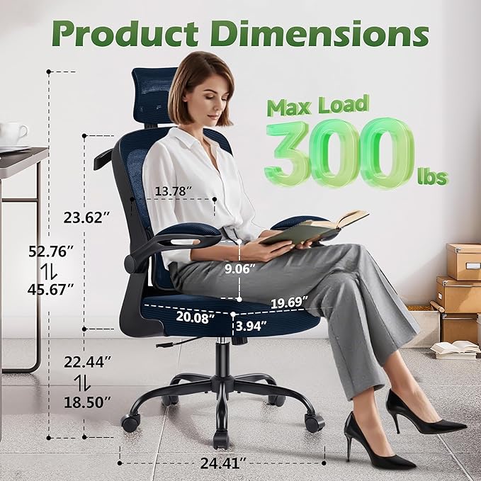 Office Chair Ergonomic Desk Chairs with Adjustable Lumbar Support& Headrest Hanger, High Back Breathable Mesh Chair with Wheels, Rolling Swivel Comfy Task Computer Chair for Home Work Gaming
