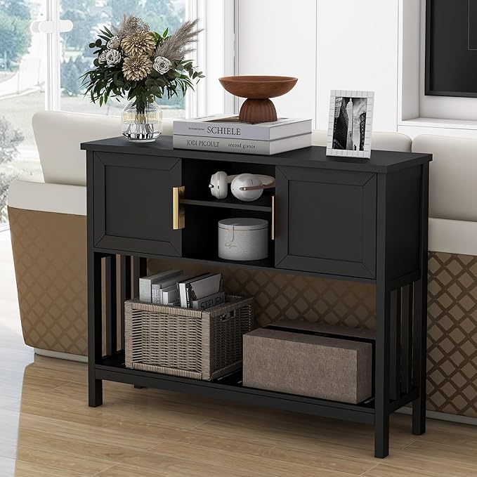 Entryway Console Table with 2 Doors & Storage & Shelf, Sofa Table Entrance Entry Way Table, Hallway Foyer Behind Couch Table (Black with 2 Doors)