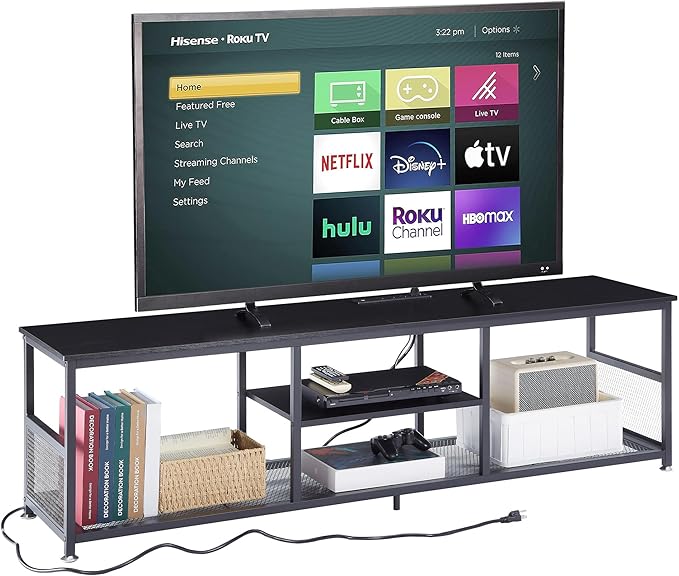 VECELO TV Stand with Power Outlets for Televisions up to 75Inch, 62" Media Entertainment Center with Charging Station 3-Tier Open Storage Shelves with Metal Frame for Living Room/Bedroom，Black