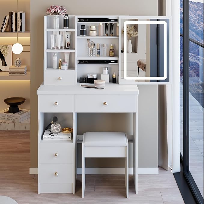 29.2" Small Vanity Desk with Mirror and Lights, Makeup Table with Led Lights and Sliding Mirror, 3 Lighting Colors, Vanity Set with 5 Drawers and Stool for Small Space Bedroom, White