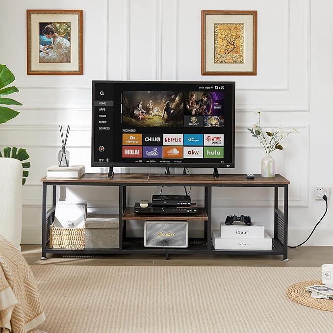 VECELO TV Stand with Power Outlets for Televisions up to 65Inch, 55" Media Entertainment Center with Charging Station 3-Tier Open Storage Shelves with Metal Frame for Living Room/Bedroom，Brown
