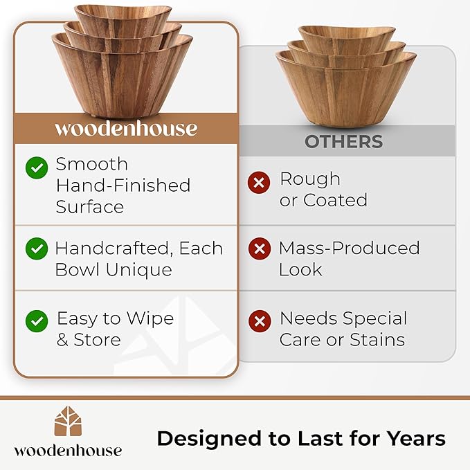 Woodenhouse Wooden Salad Bowl Set, Salad Bowls Set of 3 - Wavy Design Salad Bowl Set for Serving, Handmade, Durable and Stylish Natural Wood Dining Accessory
