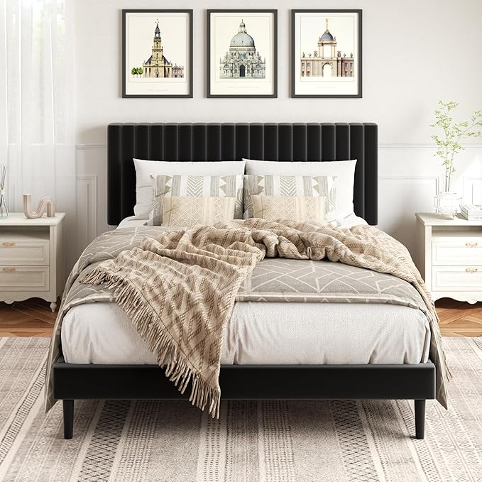 Full Size Platform Bed Frame with Velvet Upholstered Headboard, Full Bed Frame with Strong Wood Slats, Mattress Foundation, Box Spring Optional, Easy Assembly, Black