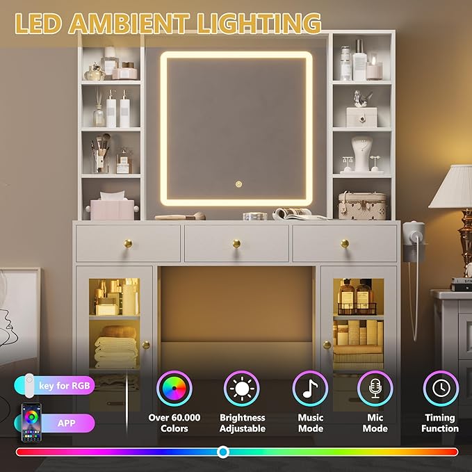 Vanity Desk with Mirror and Lights, White Makeup Vanity with Glass Top & Drawers, 3 Lighting Modes, Power Outlet, RGB Glass Cabinets, Modern Dressing Table for Bedroom, Girls, Women, Teens