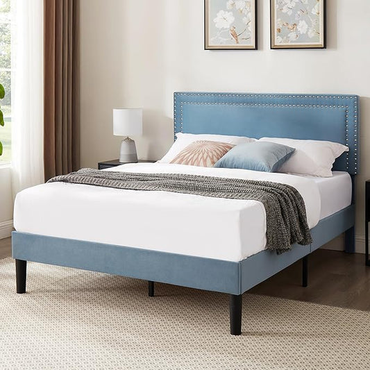 VECELO Bed Frame Queen Size with Adjustable Upholstered Headboard, Wooden Slats Platform, Noise-Free Design, Easy Assembly