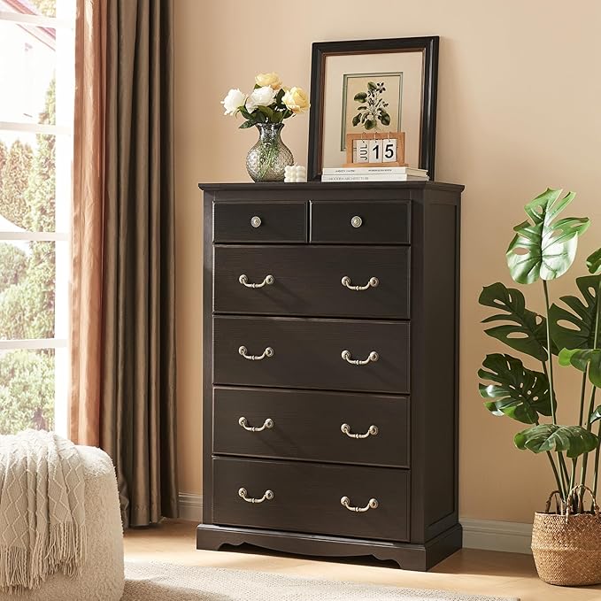 AMERLIFE Farmhouse 6 Drawers Dresser for Bedroom, Wood Antique Chest of Drawers with Metal Handle, Tall Dresser Organizer for Hallway, Entryway, Espresso