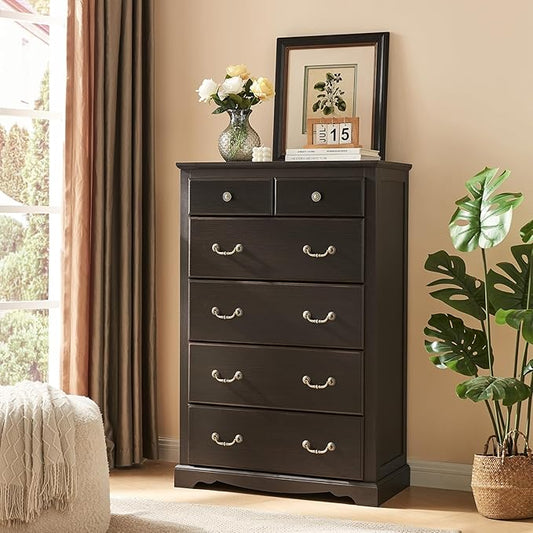 AMERLIFE Farmhouse 6 Drawers Dresser for Bedroom, Wood Antique Chest of Drawers with Metal Handle, Tall Dresser Organizer for Hallway, Entryway, Espresso