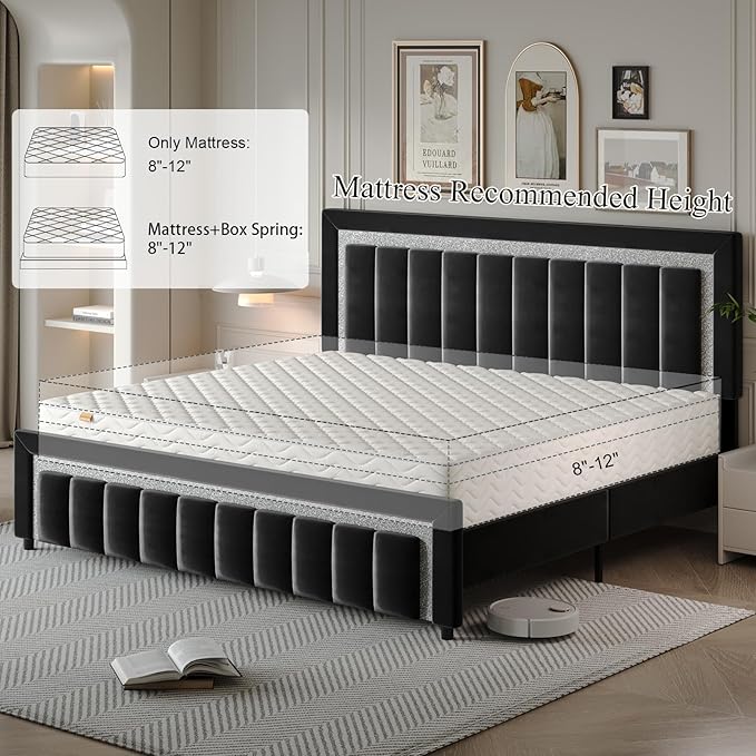 HOMBCK King Size Bed Frame with Headboard, Velvet Upholstered Bed with Diamond Design, Upholstered Platform Bed Frame with Wooden Slats Support, No Box Spring Needed, Easy Assembly, Black