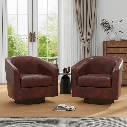 UIXE Swivel Accent Chairs Set of 2, Faux Leather Upholstered Armchair Barrel Club Chair for Living Room, Round Arm Chair Bedroom Single Sofa Reading Seat - Red Brown