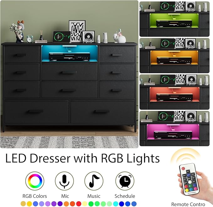 Dresser with Charging Station, Black Dresser for Bedroom with 10 Drawers, TV Stand Storage with LED Light for 55" TV, Fabric with PU Finish, Morden Chest of Drawers for Bedroom, Closet