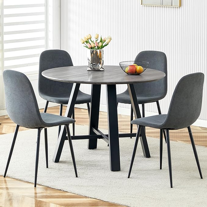 Round Dining Room Table Set for 4,42" Modern Kitchen Table with Chairs,Grey Space-Saving Round Wood Dining Set with Fabric Chairs for Small Kitchen, Office, Cafe