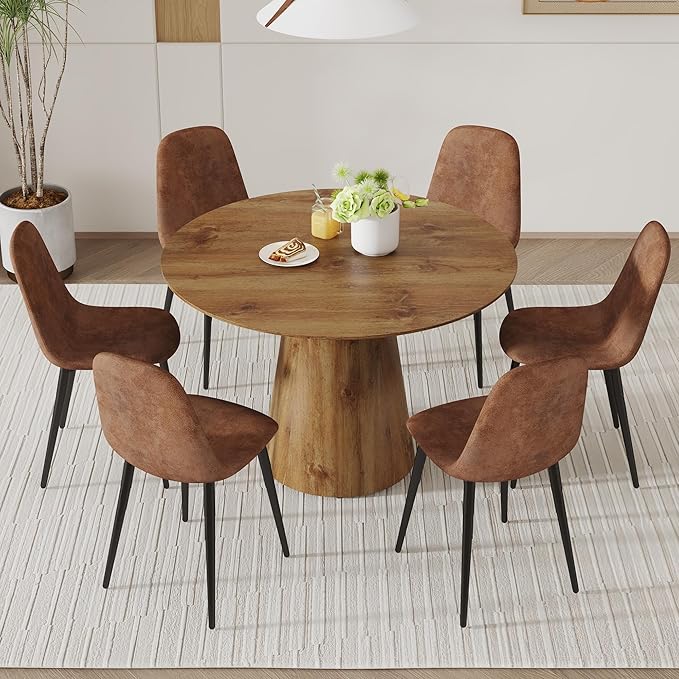 45 Inch Round Dining Table Set for 6, 7 Piece Kitchen Table and Chairs Set, Wooden Table with Light Walnut Finish, Small Space Dining Set for Apartment or Dining Room