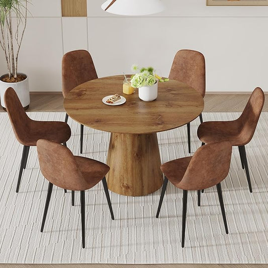 45 Inch Round Dining Table Set for 6, 7 Piece Kitchen Table and Chairs Set, Wooden Table with Light Walnut Finish, Small Space Dining Set for Apartment or Dining Room
