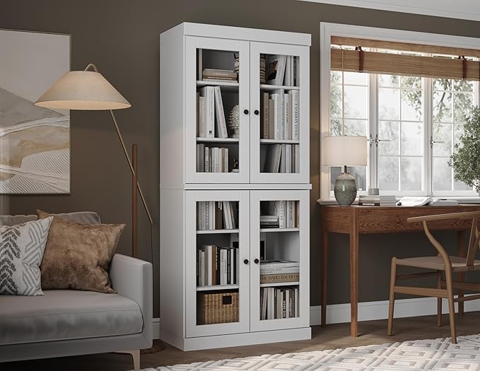 Palace Imports Solid Wood Bookcase - 6-Tier Tall Bookshelf, 71.5” H x 32” W - White, Clear Glass Cabinet Doors & Adjustable Shelves for Living Room, 100% Renewable Eco-Friendly Wood, Made in Brazil