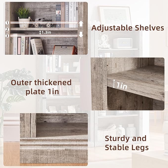 70" Grey Tall Bookshelf Set of 2,5-Tier Thick Wooden Book Shelf with Adjustable Shelves,Free Standing Farmhouse Bookcase with Open Display Storage,Floor Vintage Bookshelves for Living Room