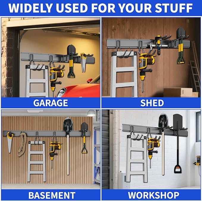 Shed Tool Organizer Wall Mount, 64inch Heavy Duty Garden Tool organizer Storage System, Easy Install With 10 Adjustable Hooks, For Garage, Basement, Shed, Workshop(Black)
