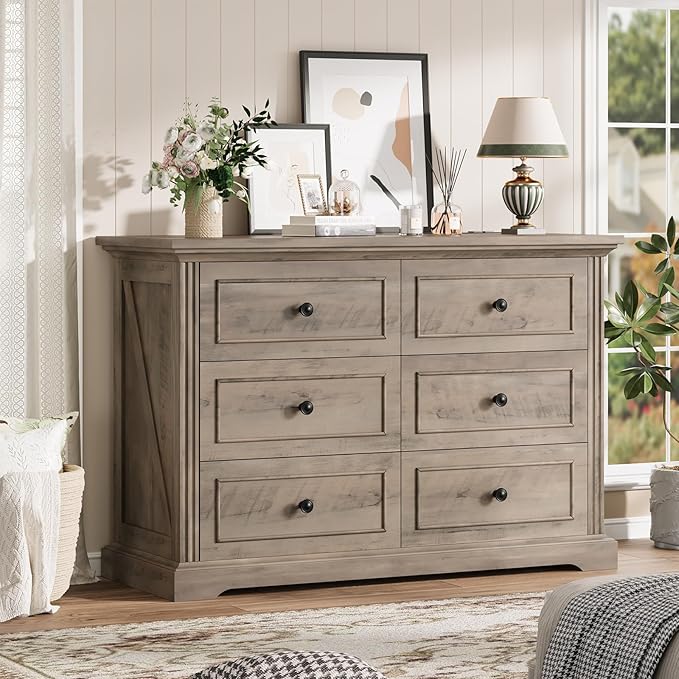 QUW Farmhouse 6 Drawer Dresser for Bedroom, 47" Wide Wood Chest of Drawers with Charging Station, Metal Handle, Modern Closet Clothes Storage Organizer for Living Room, Hallway, Entryway, Grey