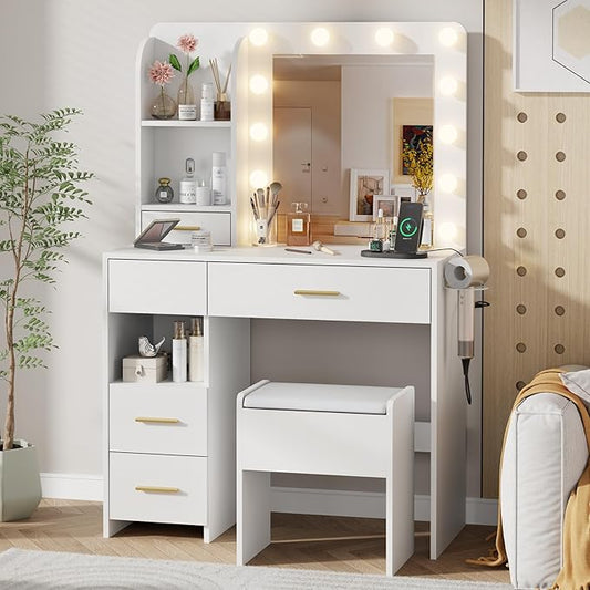 Vanity Desk with LED Lighted Mirror&Power Outlet, 3 Lighting Colors Makeup Vanity Desk with 5 Large Drawers and 3 Storage Shelves, White Vanity with Storage Stool for Bedroom