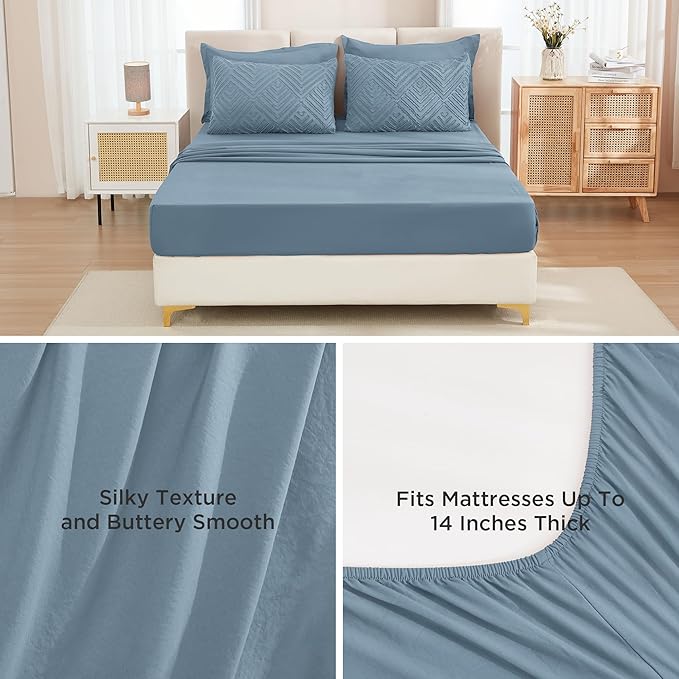 Andency King Size Comforter Set 7 Pieces Grayish Blue - Bed in a Bag King Boho Lightweight Fluffy Tufted Bedding Sets with Comforter, Sheets, Pillowcases & Shams