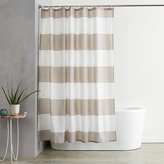 Amazon Basics Bathroom Shower Curtain, Water Resistant Fabric with Grommets & Hooks, Machine Washable, 72"x72", Light Brown, Beige