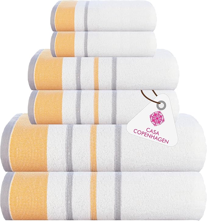 CASA COPENHAGEN White Bay, 6 Pieces Towel Set- White with Gold and Grey Border, 600 GSM, 2Bath, 2Hand, 2Washcloths Egyptian Cotton Towel for Hotel Spa Kitchen Bathroom Kitchen & Shower