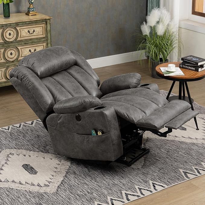MEETWARM Large Power Lift Electric Recliner Chair with Extended Footrest for Big Tall Man, Overstuffed Wide Recliner with Massage and Heat, 2 Remote Controls/USB Ports/4 Side Pockets(Grey)