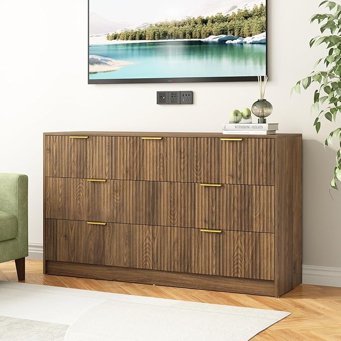 7 Drawers Dresser for Bedroom，55" Wide Fluted Dresser with Deep Drawers, Modern Chest of Drawers, Mid Century Wood TV Stand Storage Organizer for Closet, Living Room, Hallway, Natural