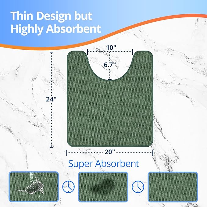 Toilet Rugs U Shaped Washable 24x20, Ultra Thin Toilet Rug Super Absorbent, Toilet Mat Rubber Backing Non-Slip, Toilet Mats Machine Washable Dry Quickly, Contour Bathroom Rugs for Toilet-Green