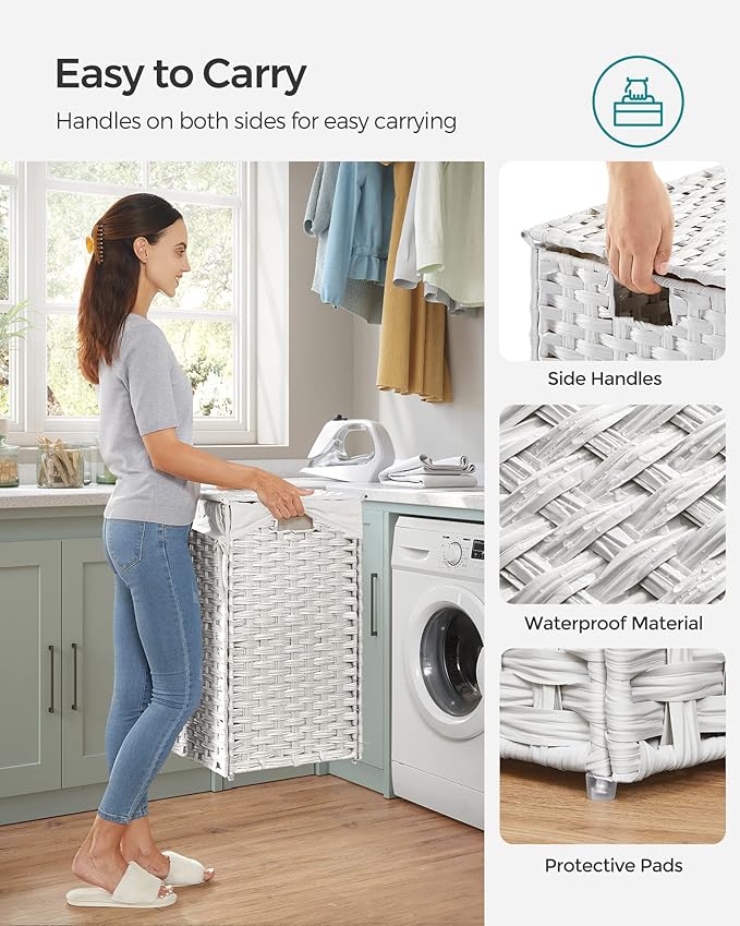 SONGMICS Laundry Hamper with Lid, 90L Clothes Hamper with 2 Removable Liner Bags, 6 Mesh Bags, Wicker Laundry Basket, Double Laundry Hamper for Bathroom, 13 x 18.1 x 23.6 Inches, White ULCB251W01V1