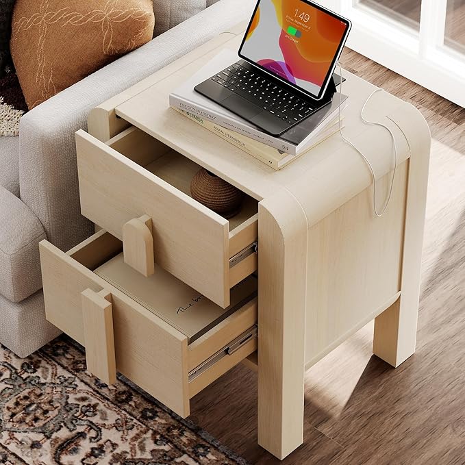 WAMPAT 5 Piece Dresser and Nightstand Sets for Bedroom, Modern 47.2" Wide 6 Drawer Chest & 3 Drawer Dresser Set of 2, and Nightstand Set of 2 with Charging Station for Bedroom, Living Room, Light Oak