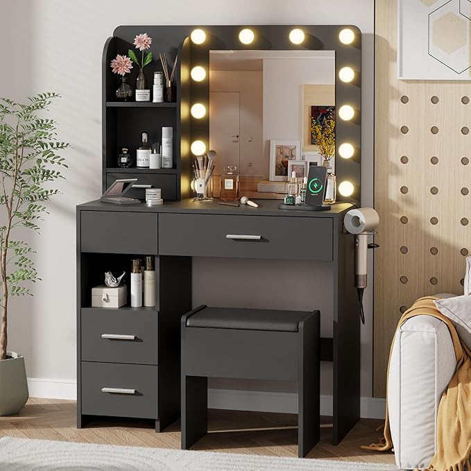 Vanity Desk with LED Lighted Mirror&Power Outlet, 3 Lighting Colors Makeup Vanity Desk with 5 Large Drawers and 3 Storage Shelves, Black Vanity Dresser with Storage Stool for Bedroom