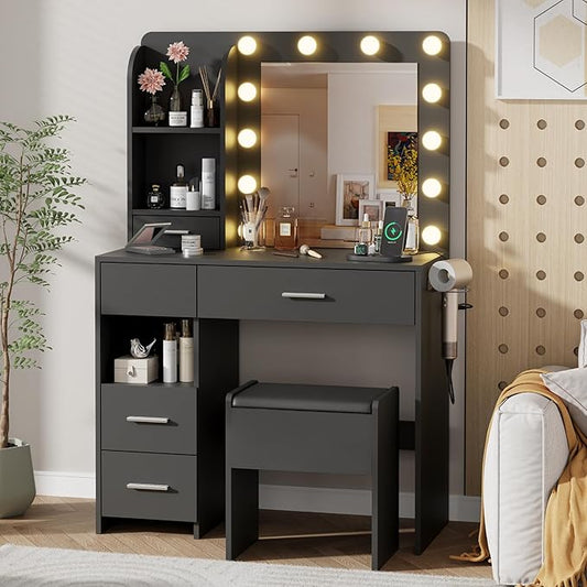 Vanity Desk with LED Lighted Mirror&Power Outlet, 3 Lighting Colors Makeup Vanity Desk with 5 Large Drawers and 3 Storage Shelves, Black Vanity Dresser with Storage Stool for Bedroom