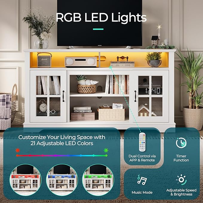 LINSY HOME TV Stand for 65 Inch TV, 32" Tall Entertainment Center with LED Lights and Glass Door Storage Cabinet, Modern Farmhouse Wood TV Media Console Table for Living Room, Bedroom, White