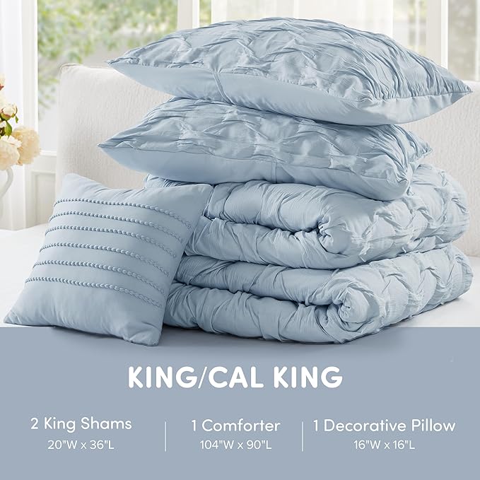 Comfort Spaces Comforter for King Size Bed, Ogee Ruched with Crinkle Texture, Breathable Comforter Set King, All Season Lightweight Bedding Set, Shams, Décor Pilow, King/Cal King Blue 4 Piece