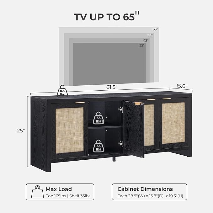 SICOTAS TV Stand for Living Room Boho Entertainment Center for Bedroom with 4 Rattan Cabinets Farmhouse Television Stands with Storage Large Media Console Table for TVs up to 45 50 55 60 65 Inch