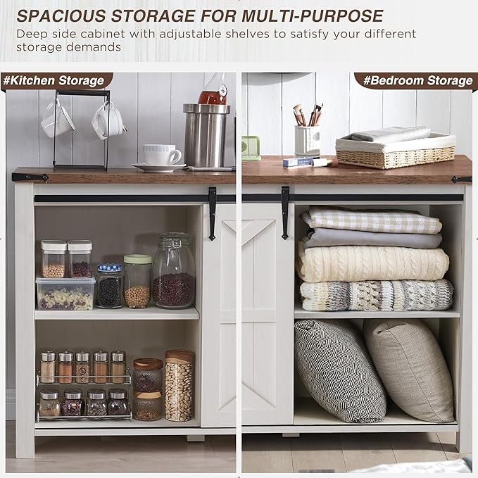 T4TREAM 60'' Farmhouse Dresser Chests for Bedroom w/4 Drawers & Sliding Barn Doors, Tall Chest of Drawers, Rustic Dresser TV Stand, Organizer for Bedroom, Living Room, Kitchen, Antique White