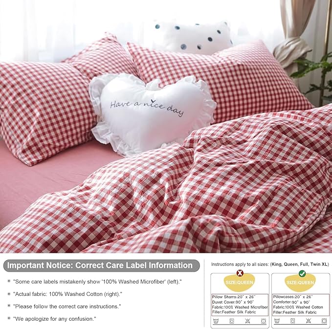 mixinni Red Gingham Comforter Set Twin XL, Plaid Comforter Set 3 Pieces 1 Red Grid Comfoter with 2 Pillow Cases for All Seasons, Soft Fluffy Modern Grid Pattern Printed Bedding-Twin XL Size